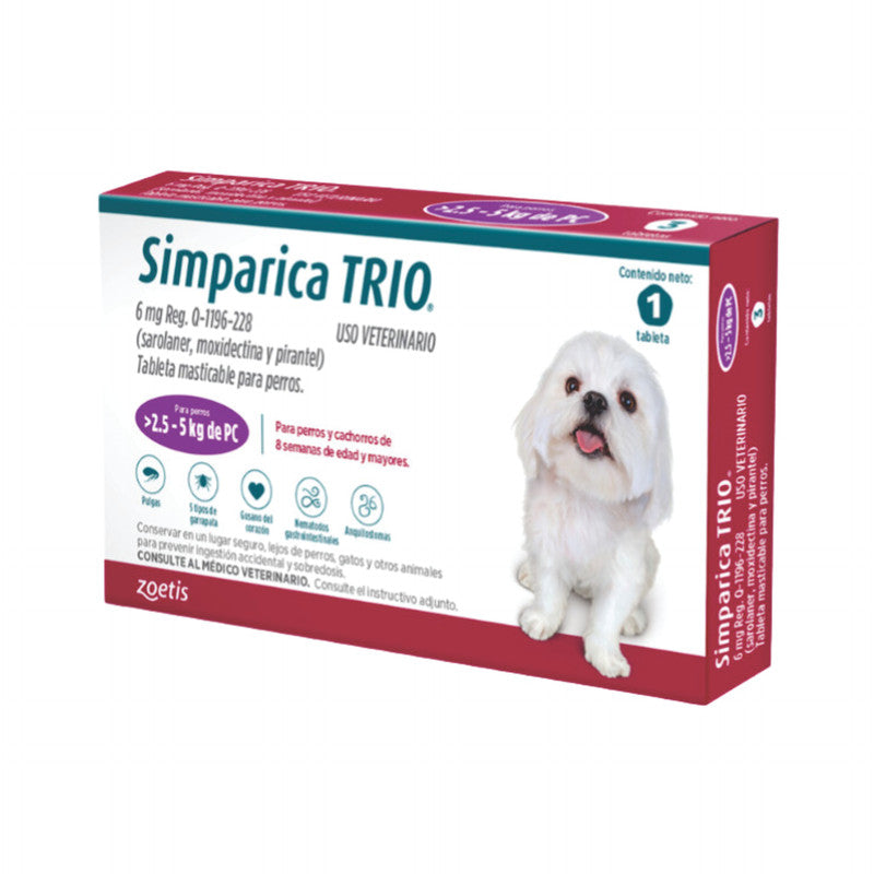 Simparica Trio 6 mg 1 Tableta (2.5-5 kg / 5.7-11 lb) | Antiparasitario para Perros