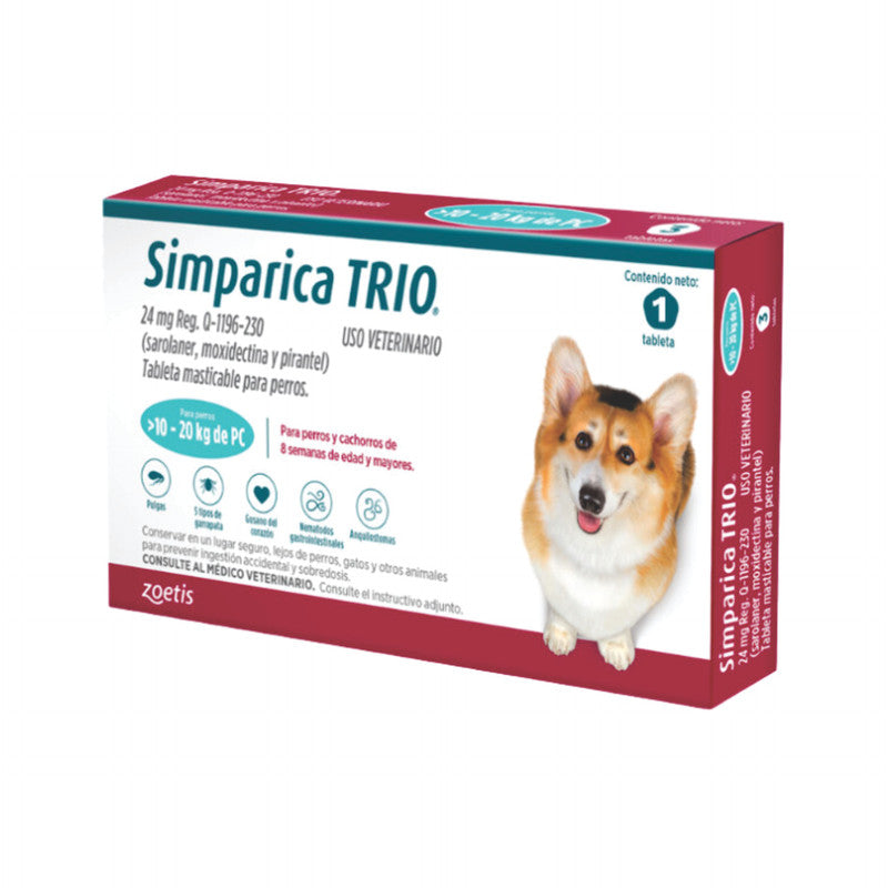 Simparica Trio 24 mg 1 Tableta (10.1-20 kg / 22-44 lb) | Antiparasitario para Perros