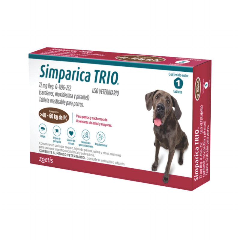 Simparica Trio 72 mg 1 Tableta (40.1-60 kg / 88-132 lb) | Antiparasitario para Perros