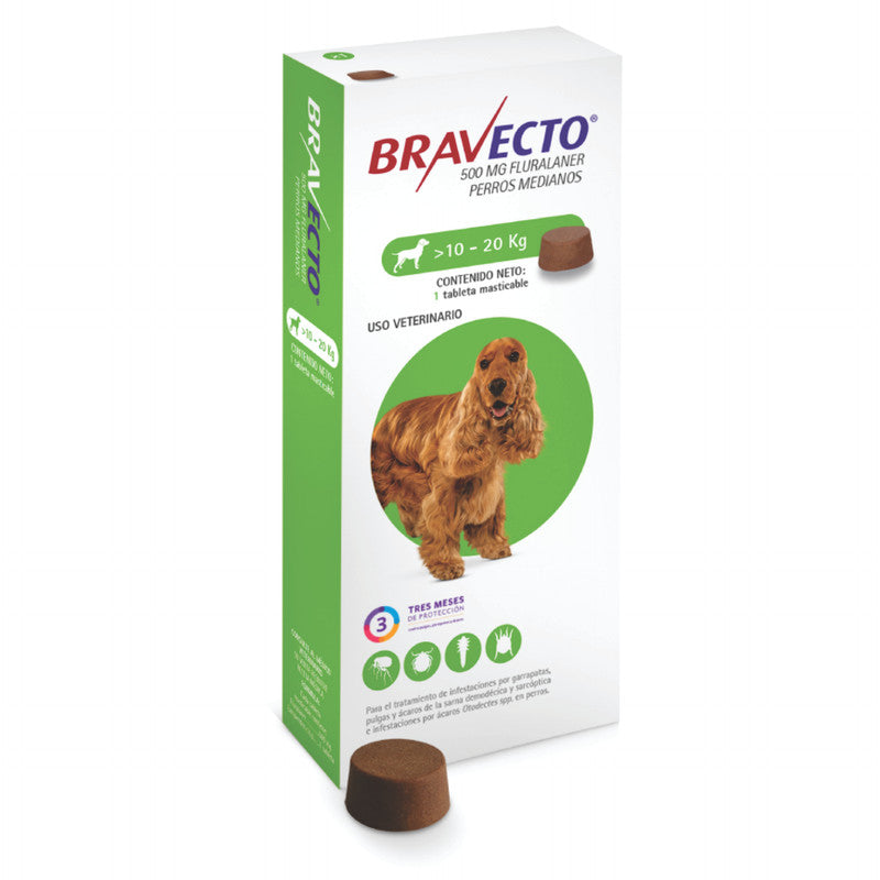 Bravecto 500 mg 1 Tableta (10-20 kg / 22-44 lb) | Antipulgas y Garrapatas para Perros